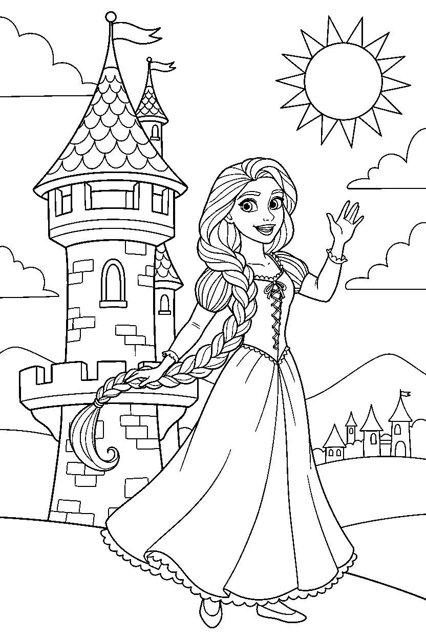 rapunzel princess waving happily in a fairy tale kingdom line art