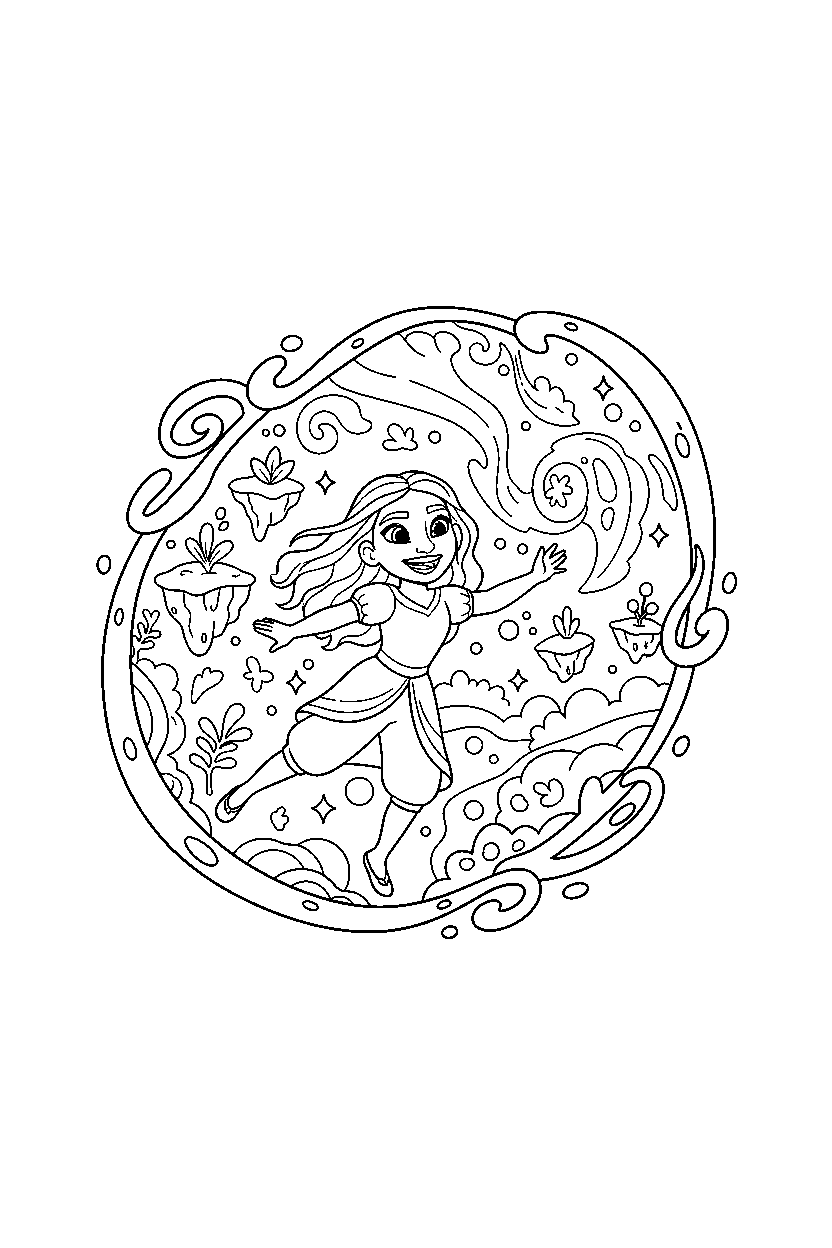 raya princess exploring happily in a magic portal world line art