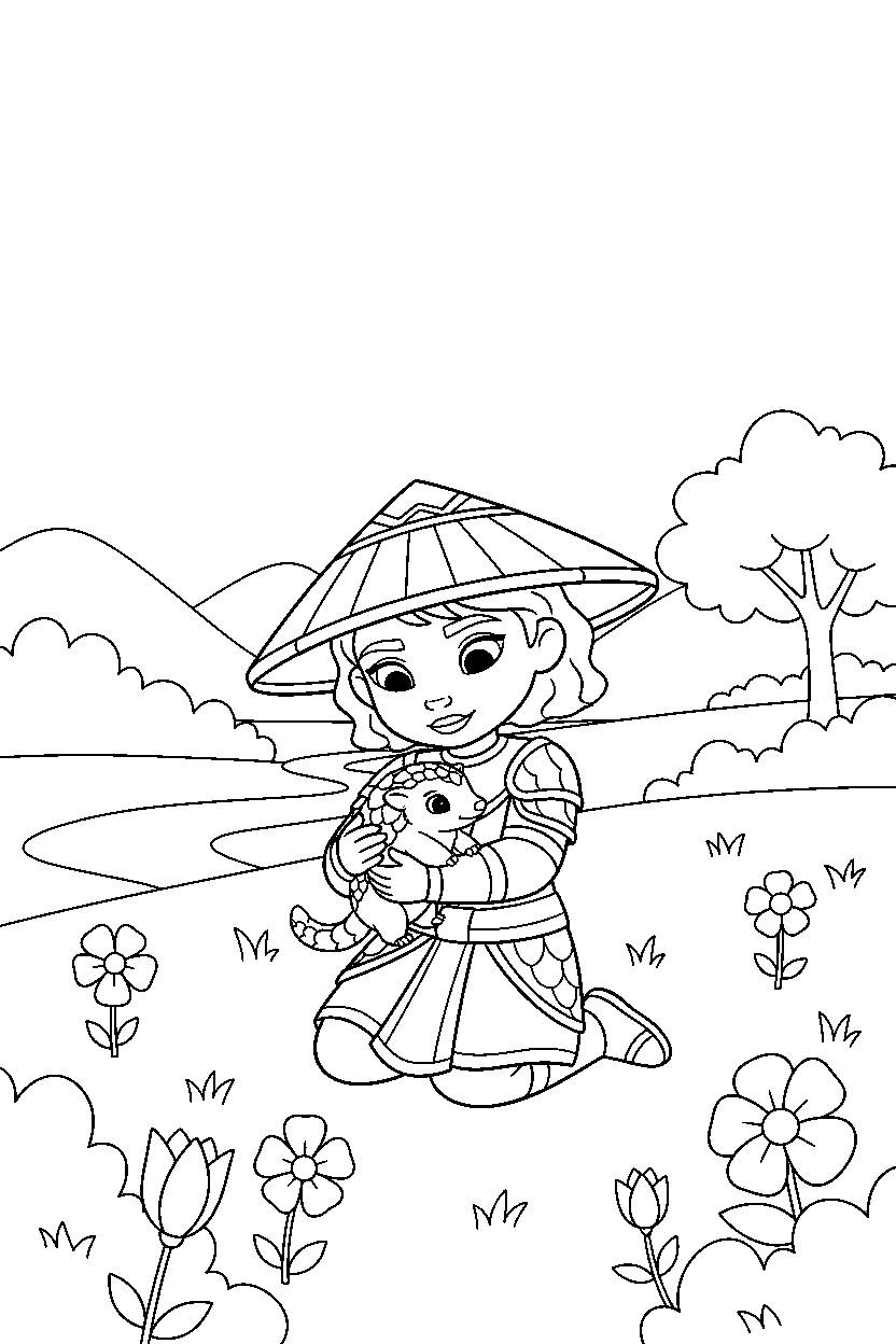 raya princess helping an animal in a peaceful meadow line art
