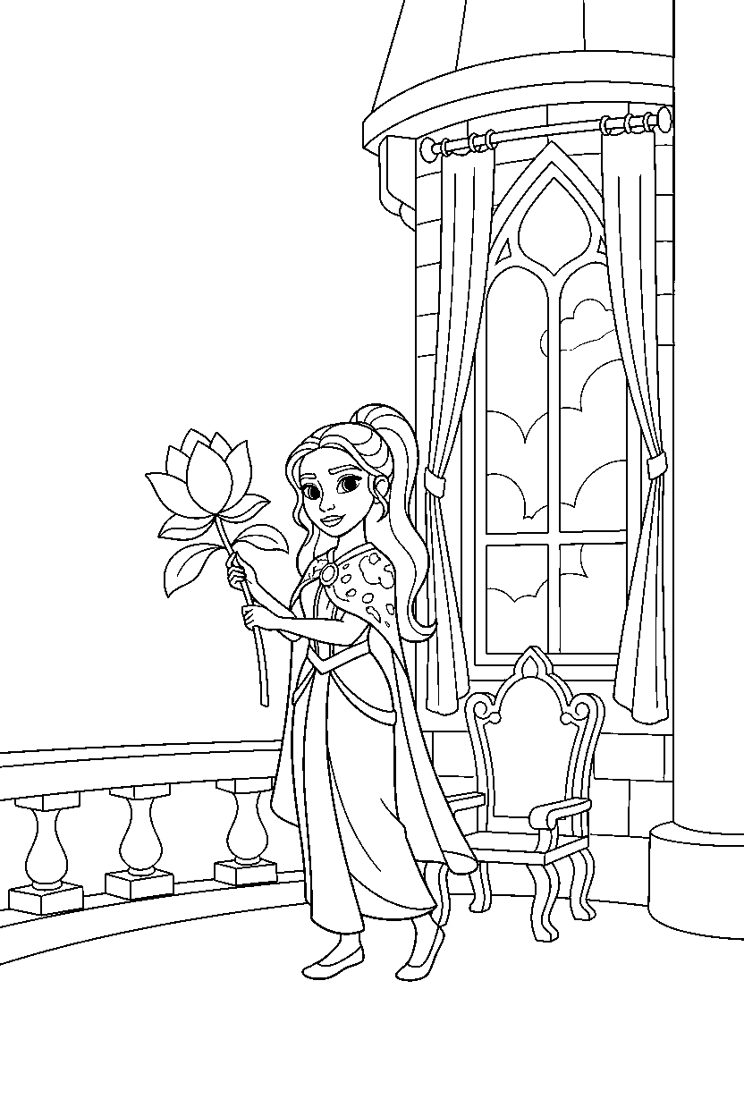 raya princess holding a flower in a princess tower room line art