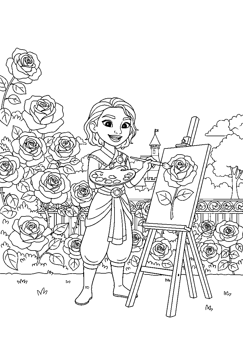 raya princess painting happily in a rose garden line art