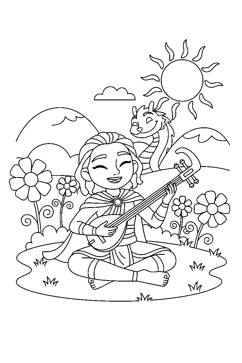 raya princess playing music in a peaceful meadow line art