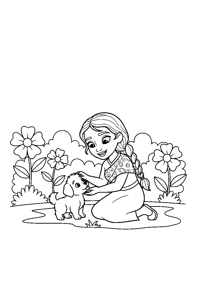raya princess playing with a puppy in a flower garden line art