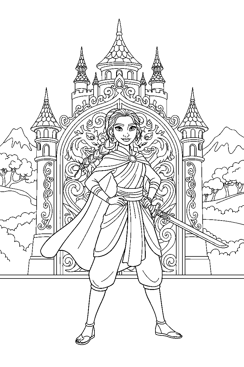 raya princess posing proudly at an enchanted castle gate line art