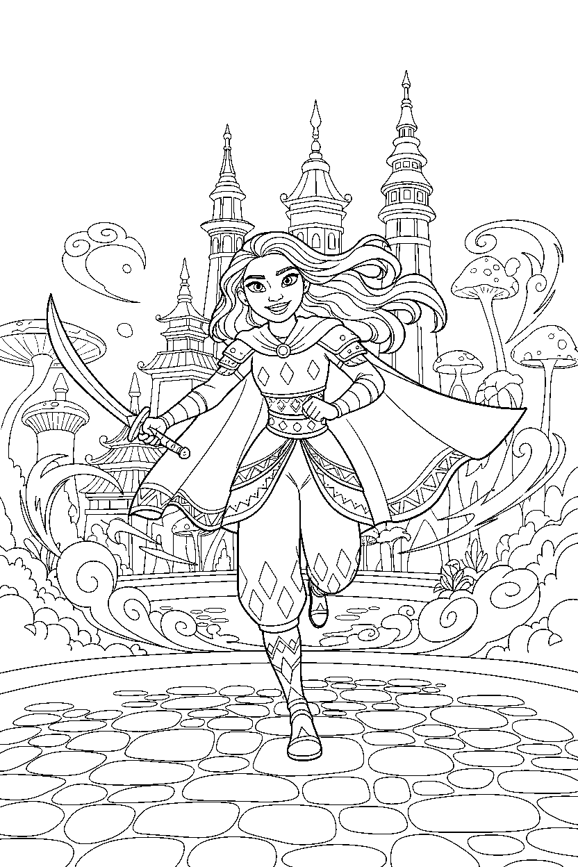 raya princess running happily in a magical kingdom square line art