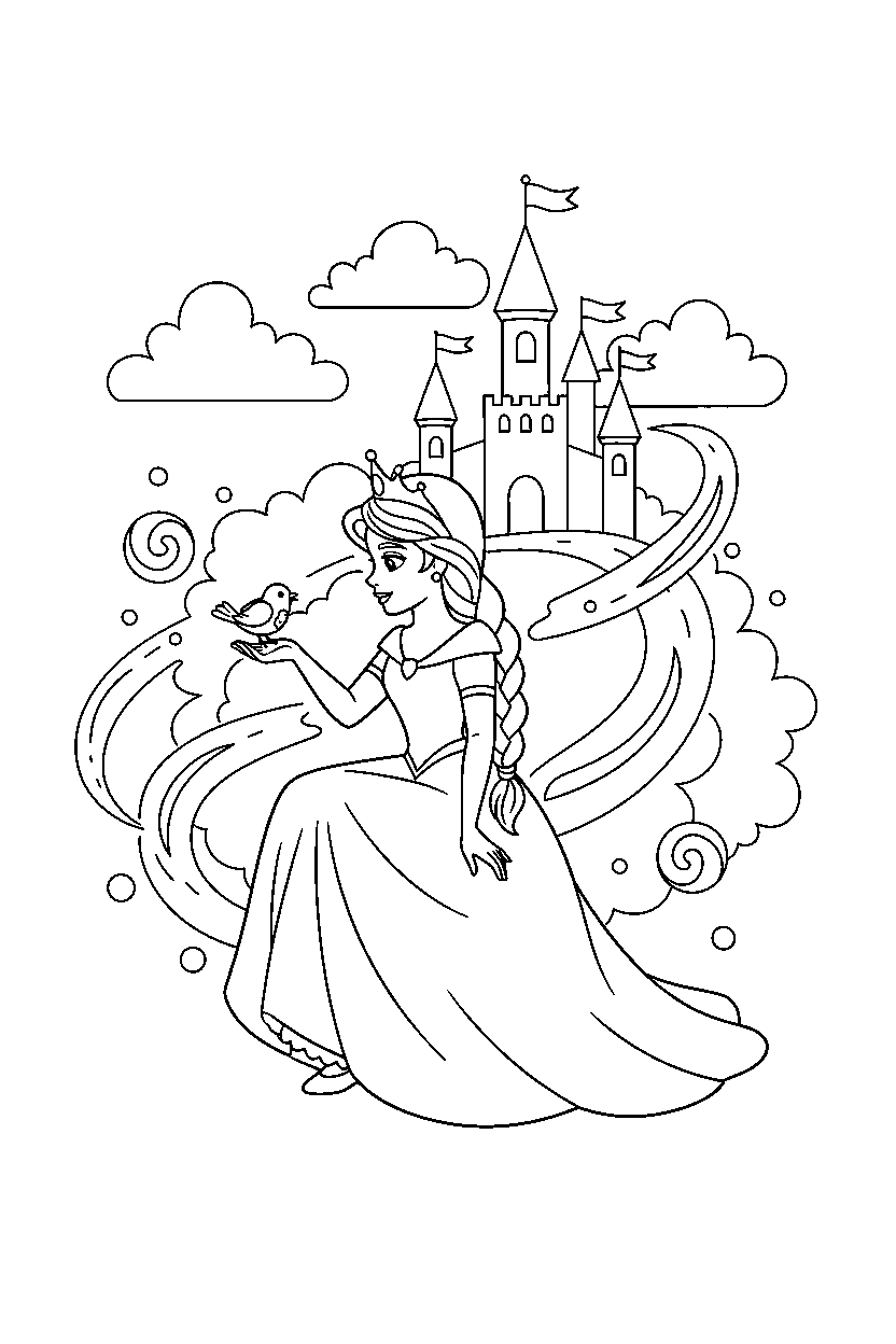 royal adventure princess feeding a bird in a magic kingdom line art