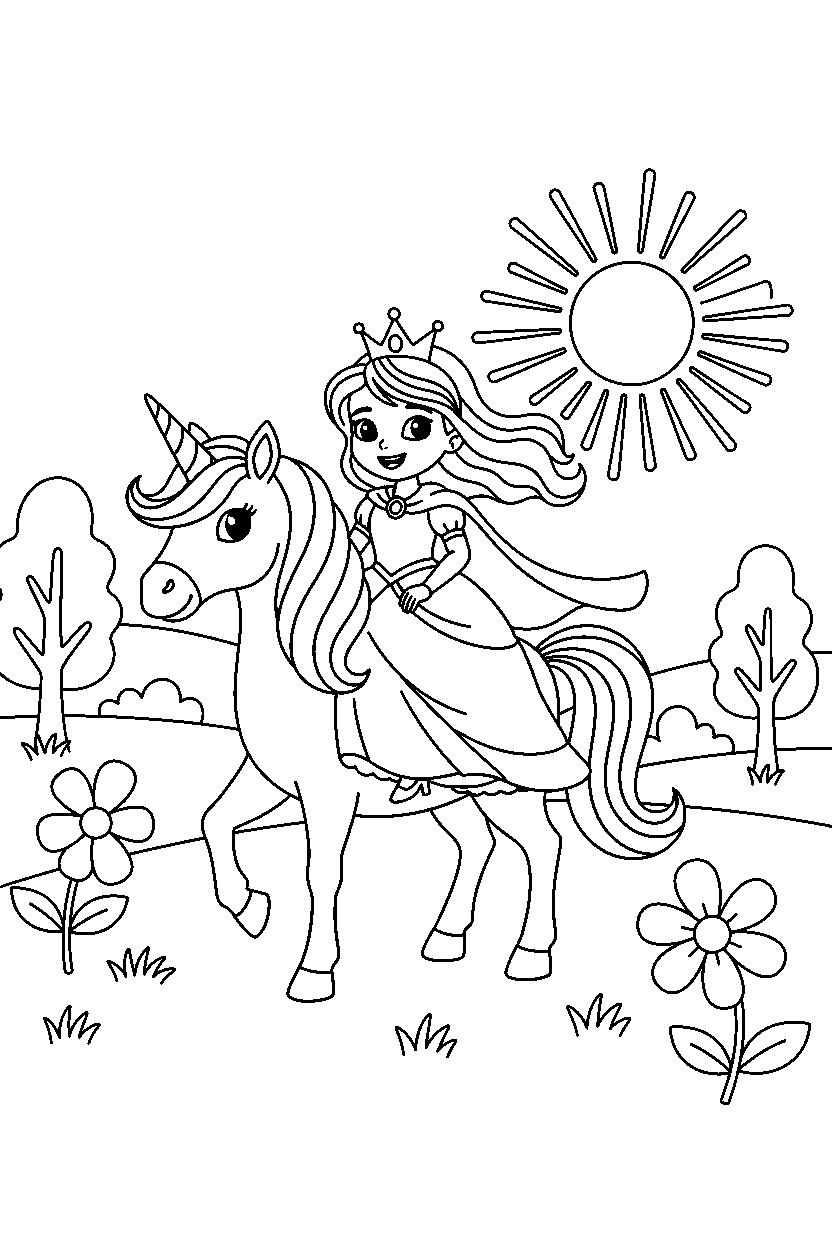 royal adventure princess looking happily in a unicorn meadow line art