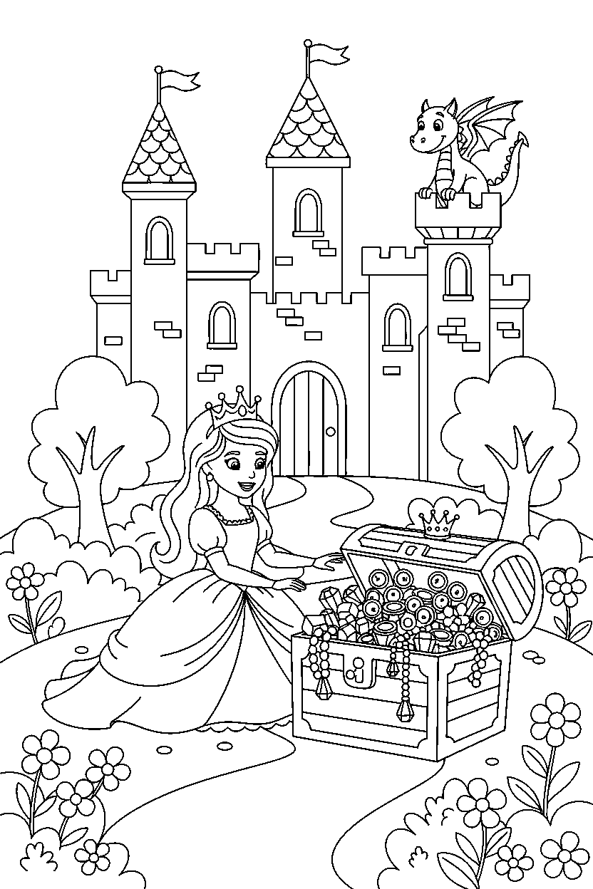 royal adventure princess opening a treasure in a royal castle garden line art