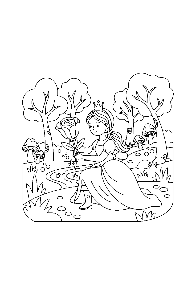 royal adventure princess picking a flower in an enchanted forest line art
