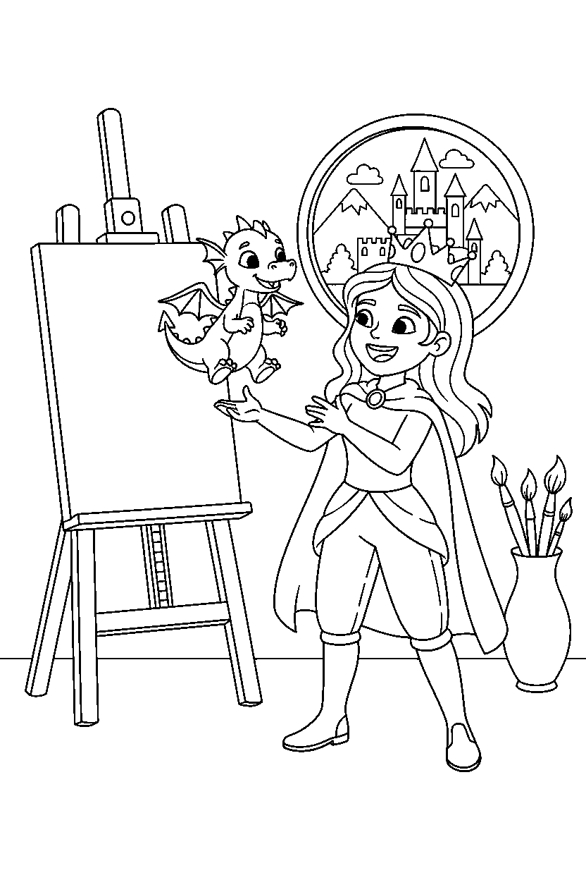 royal adventure princess playing with an animal in a royal art room line art