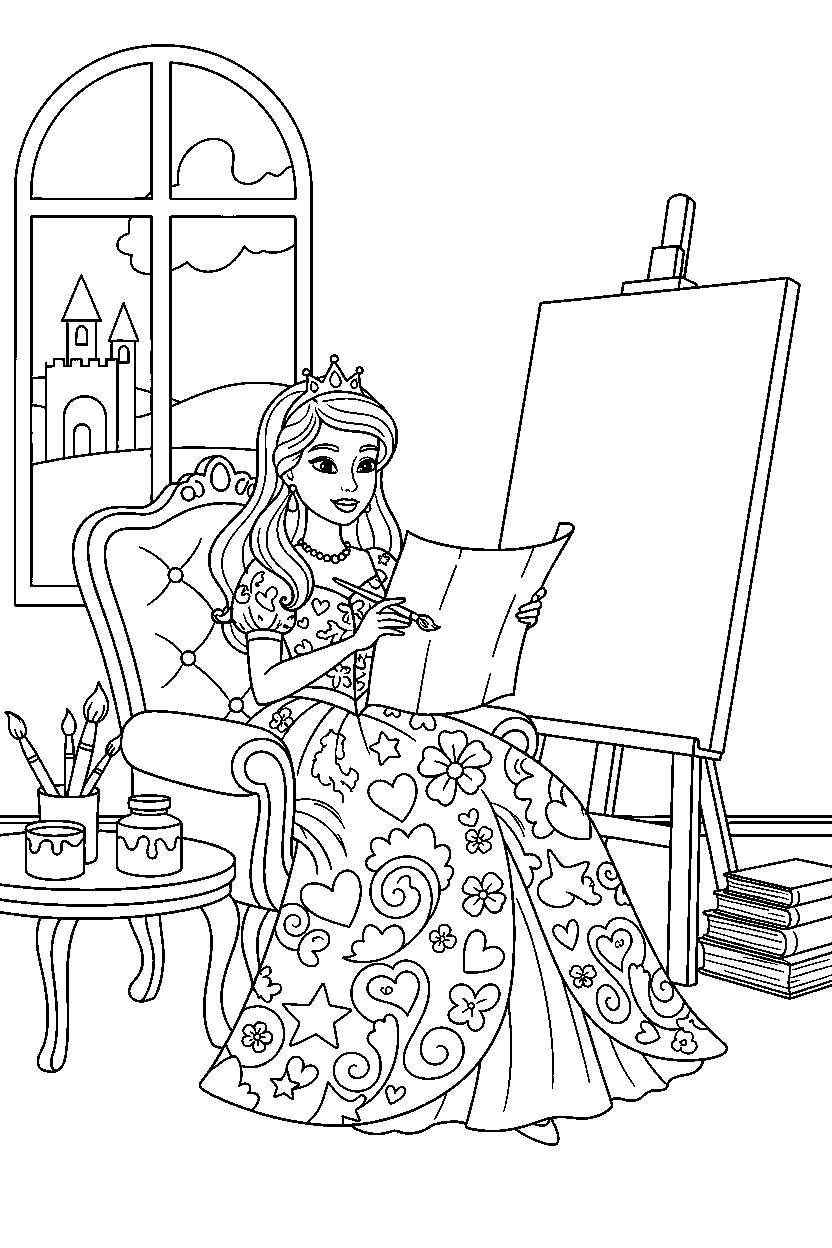 royal adventure princess sitting peacefully in a royal art room line art