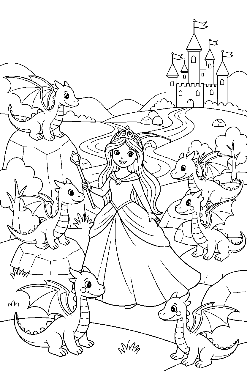 royal adventure princess smiling happily in a dragon valley line art