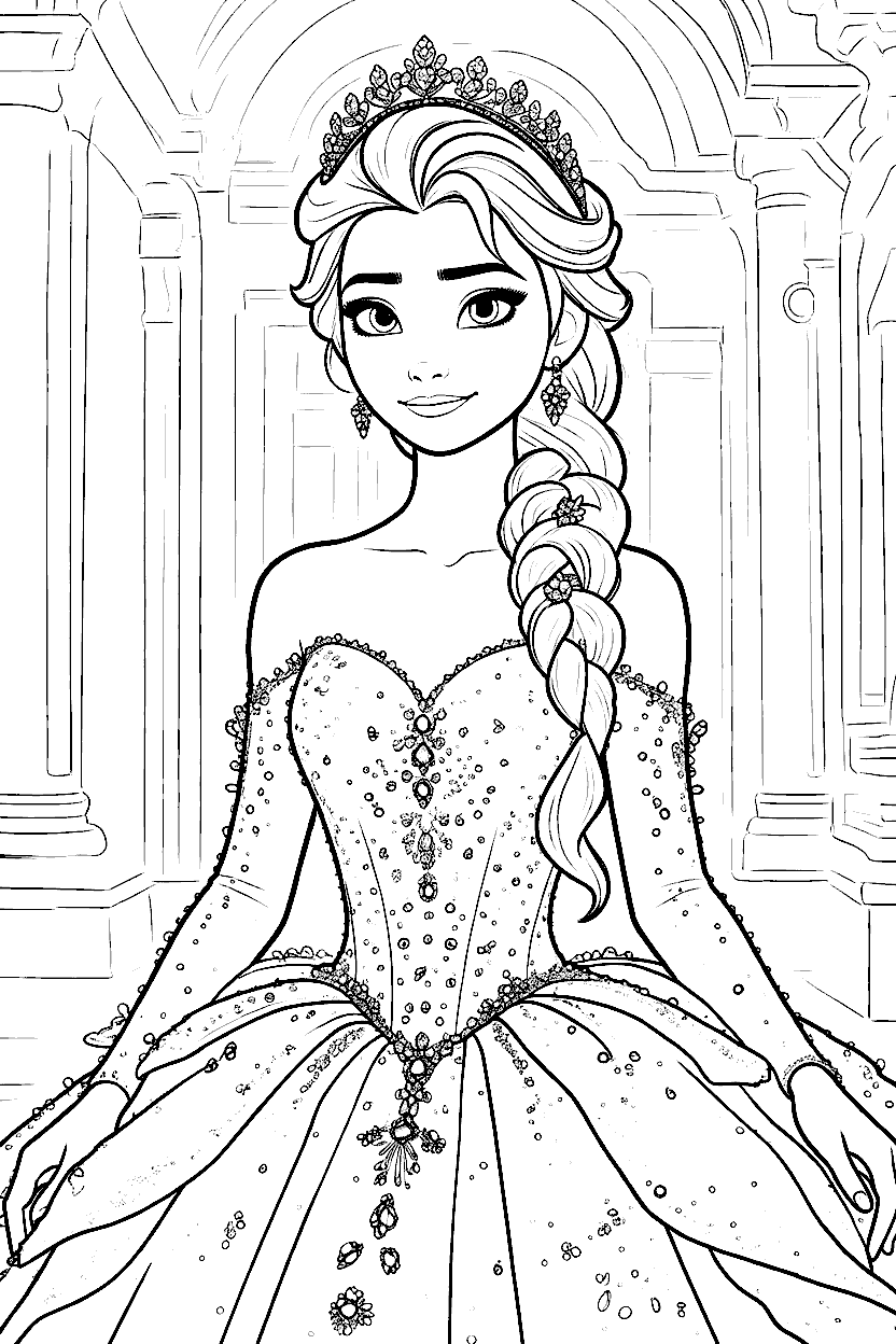 royal ice princess elsa in coronation gown line art