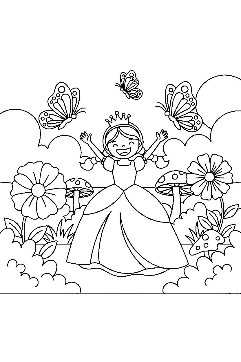 royal princess celebrating happily in a butterfly garden line art