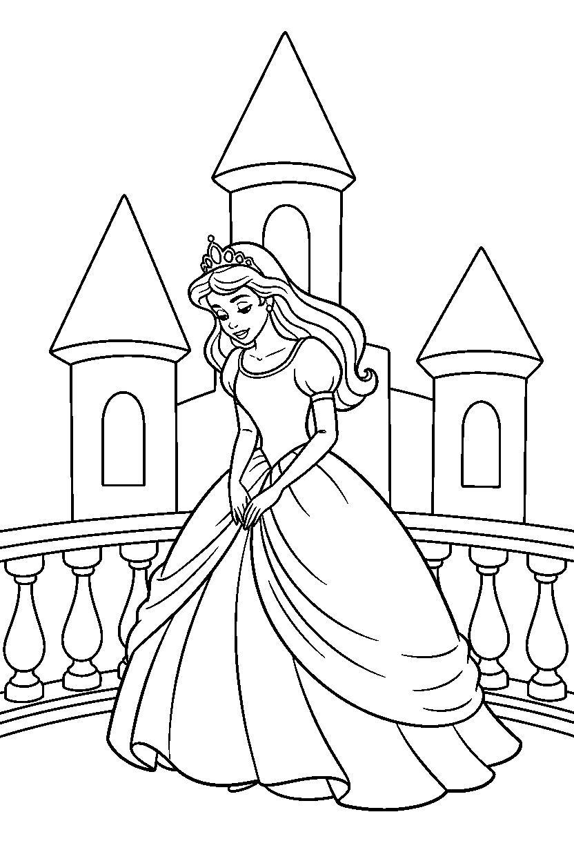 royal princess curtsying politely on a castle balcony line art