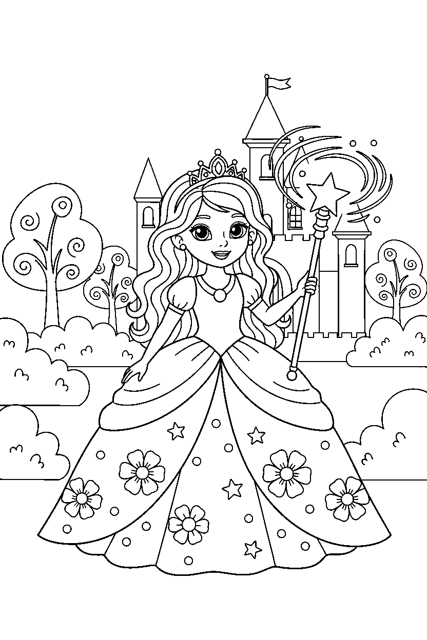 royal princess holding a magic item in a royal castle garden line art