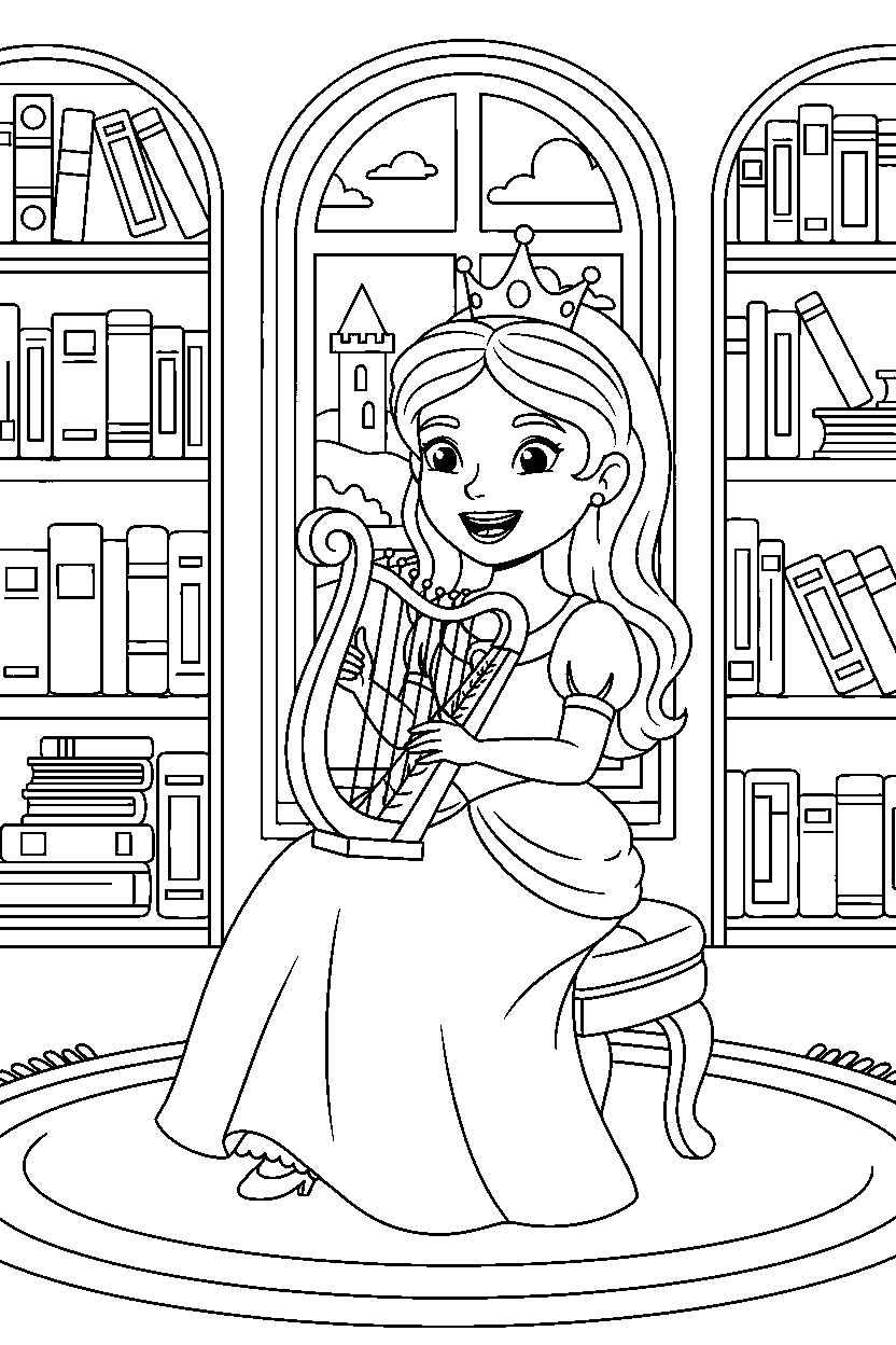 royal princess playing music in a royal library line art