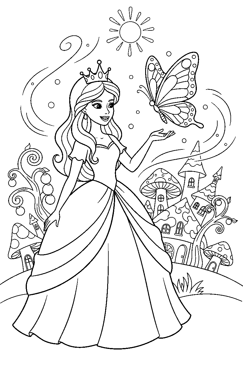 royal princess playing with a butterfly in a magic village line art