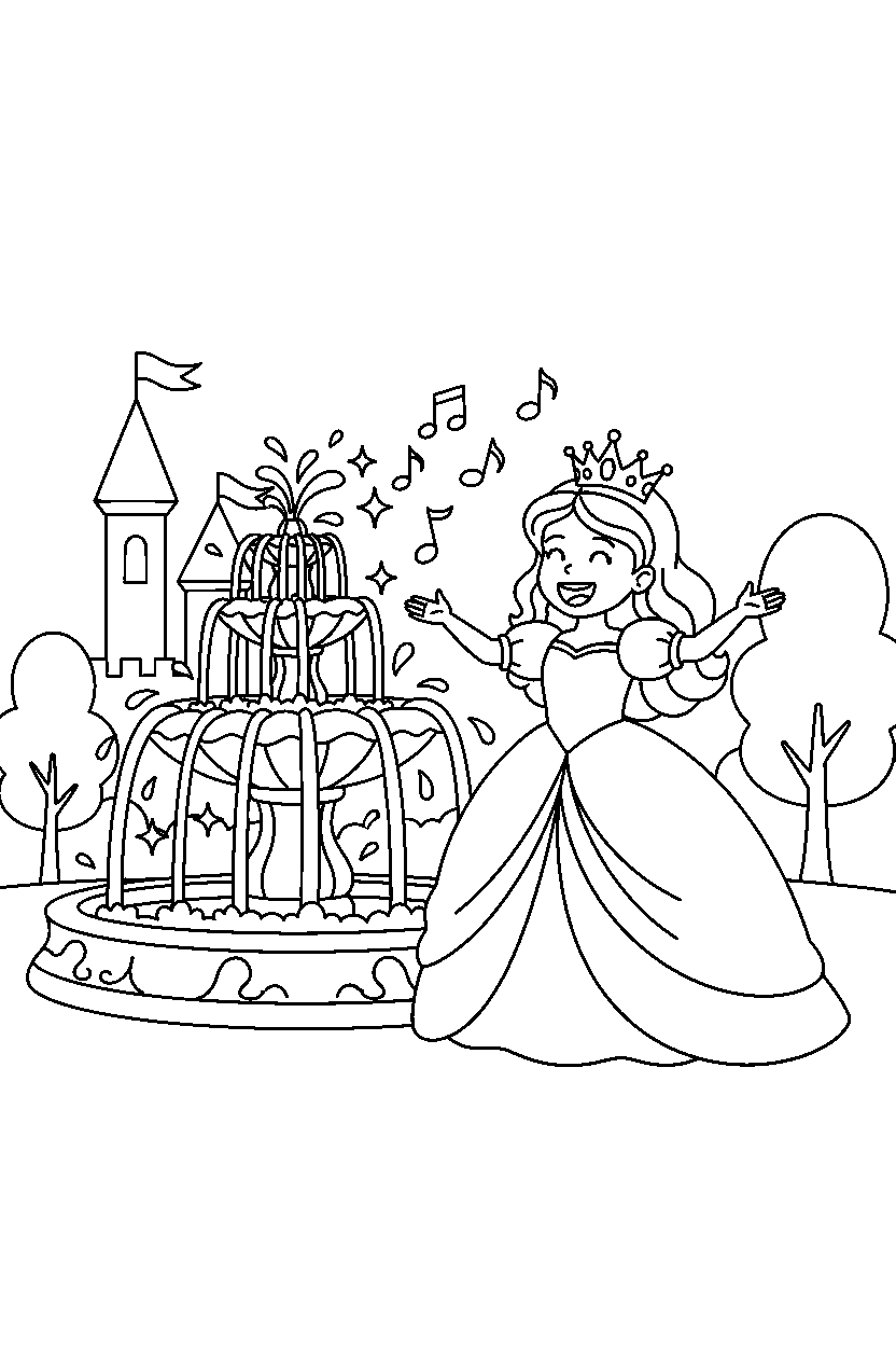 royal princess singing happily near a sparkling fountain line art