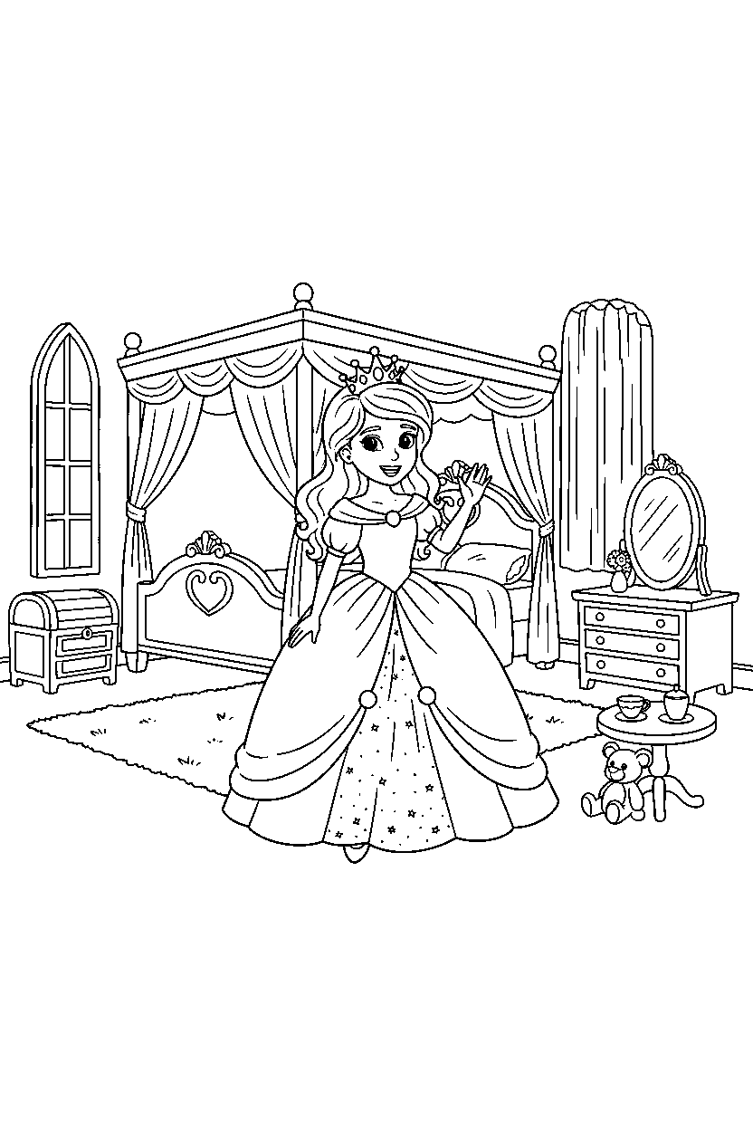 royal princess waving happily in a princess bedroom line art