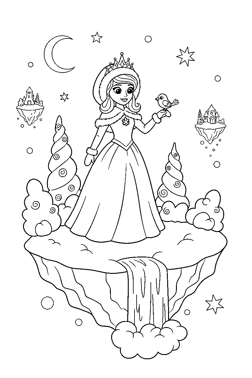snow princess feeding a bird on a magical island line art