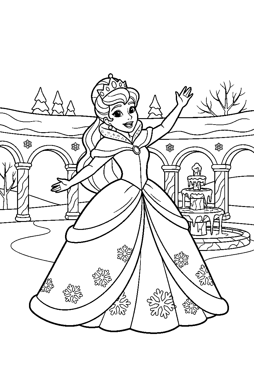 snow princess greeting happily in a royal courtyard line art
