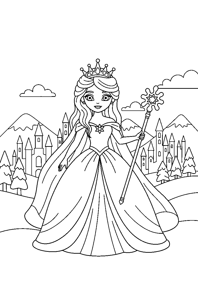 snow princess holding a magic item in a magic kingdom line art