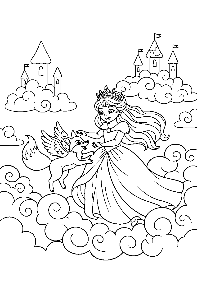 snow princess playing with an animal in a cloud kingdom line art