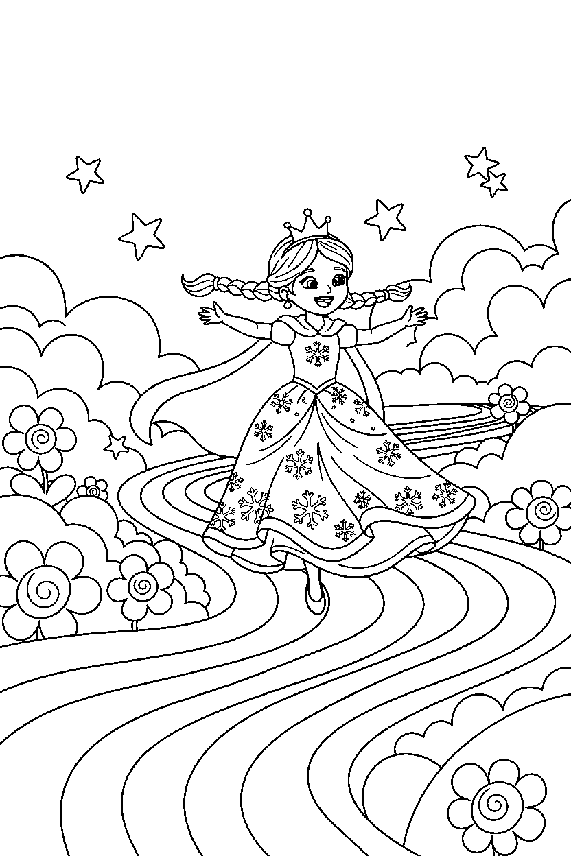 snow princess running happily in a rainbow valley line art