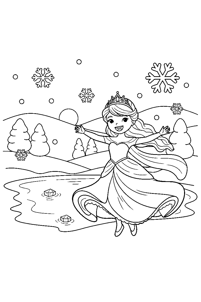 snow princess spinning happily near a peaceful lake line art