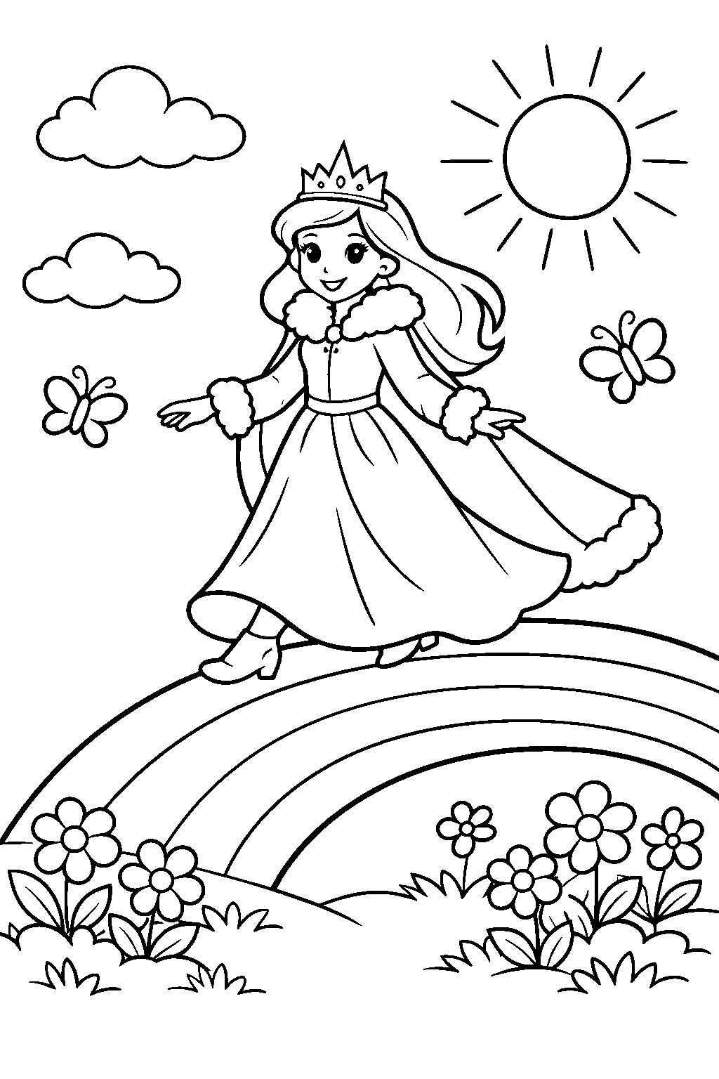 snow princess walking on a rainbow in a summer garden line art