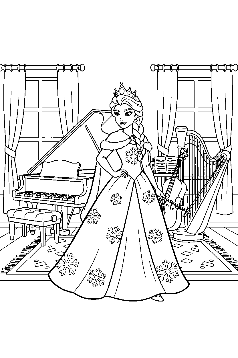 snow princess walking proudly in a music room line art