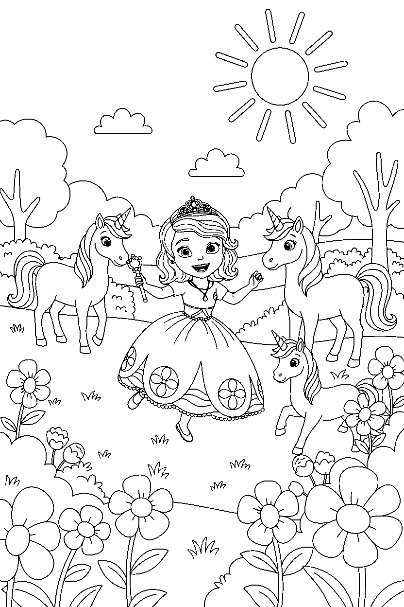 sofia princess exploring happily in a unicorn meadow line art