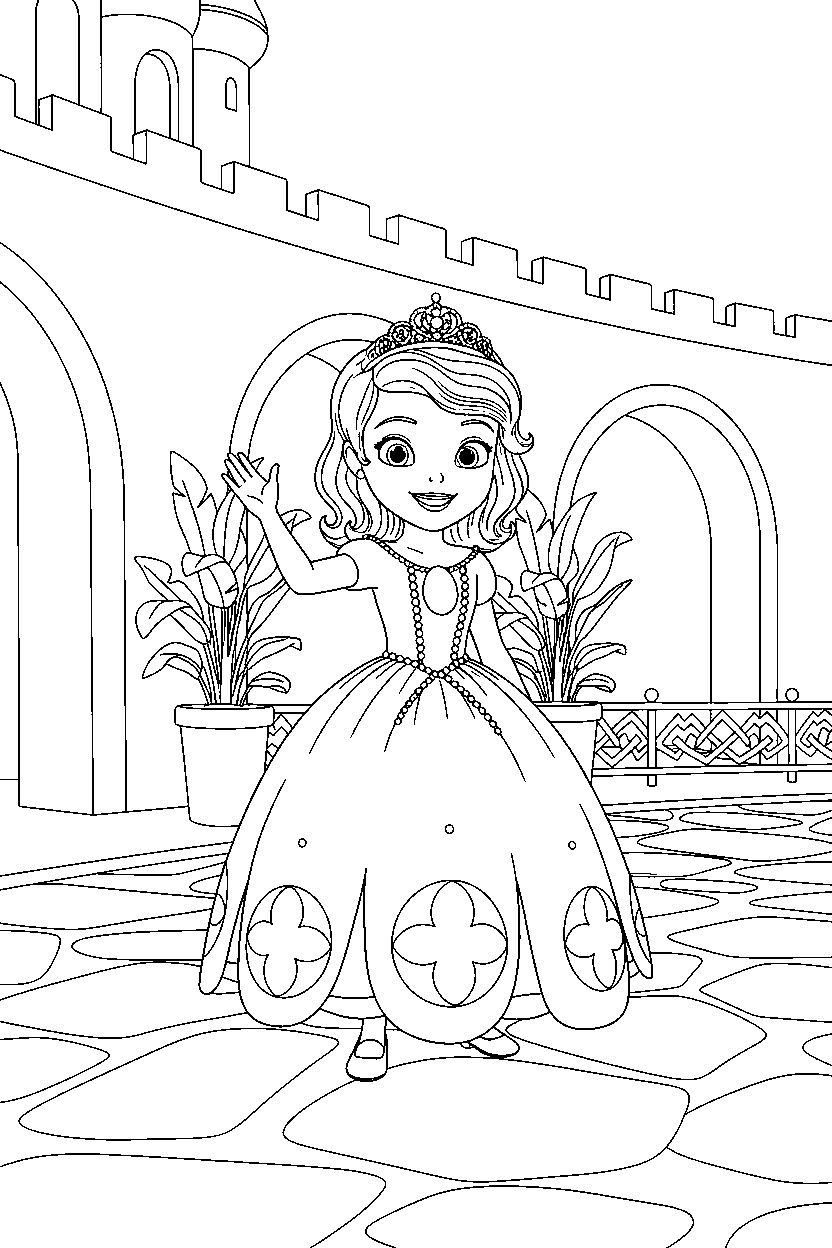 sofia princess greeting happily in a royal courtyard line art