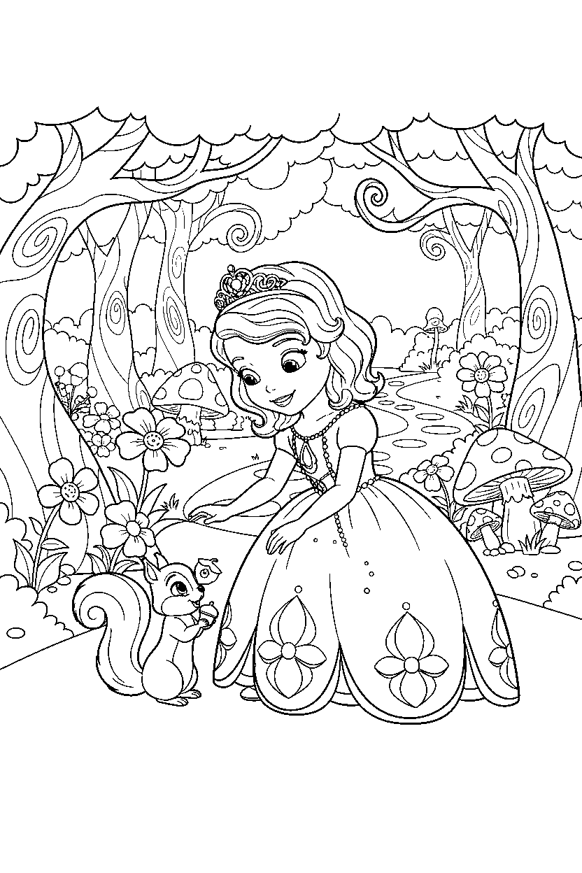 sofia princess helping an animal in an enchanted forest line art