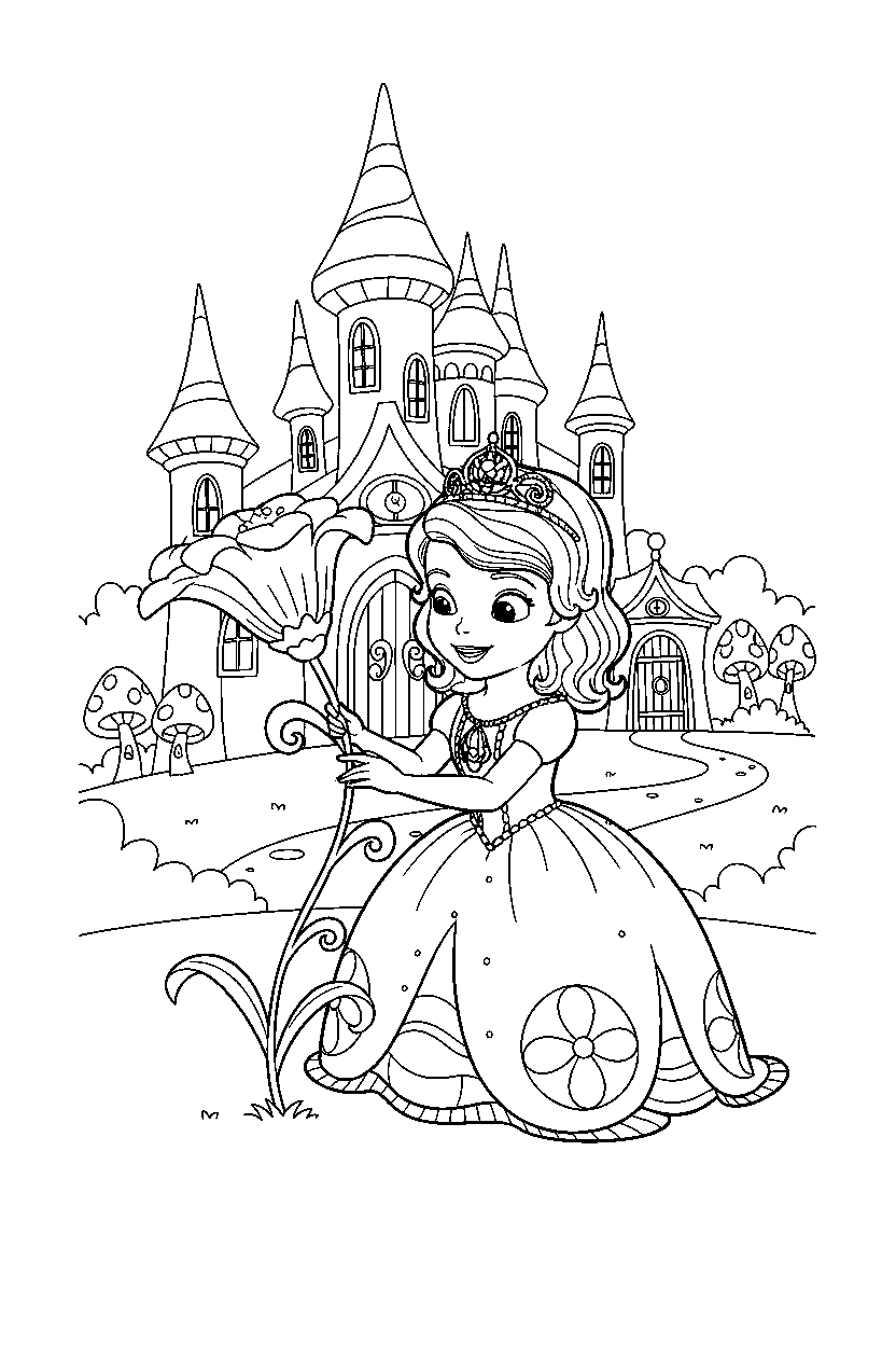 sofia princess picking a flower in a fairy tale castle line art