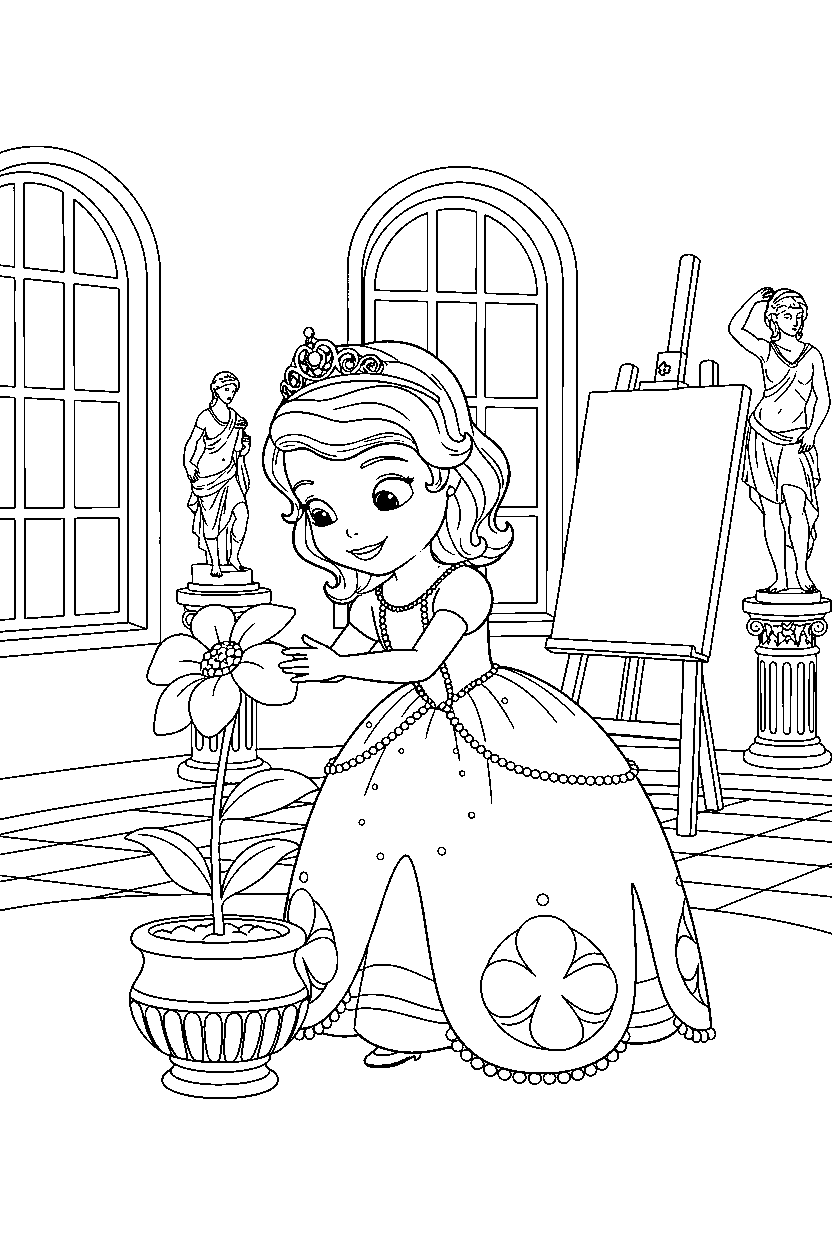 sofia princess picking a flower in a royal art room line art