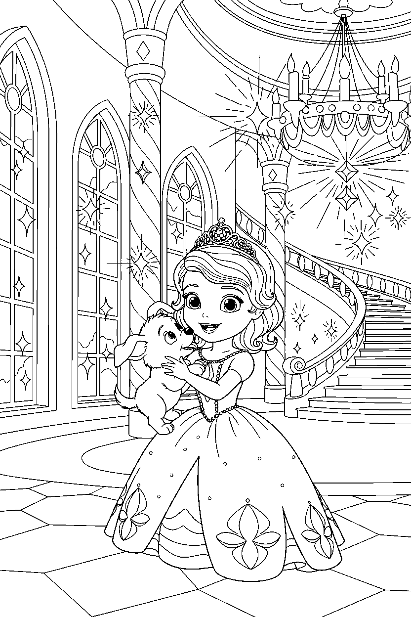 sofia princess playing with a puppy in a sparkling palace line art