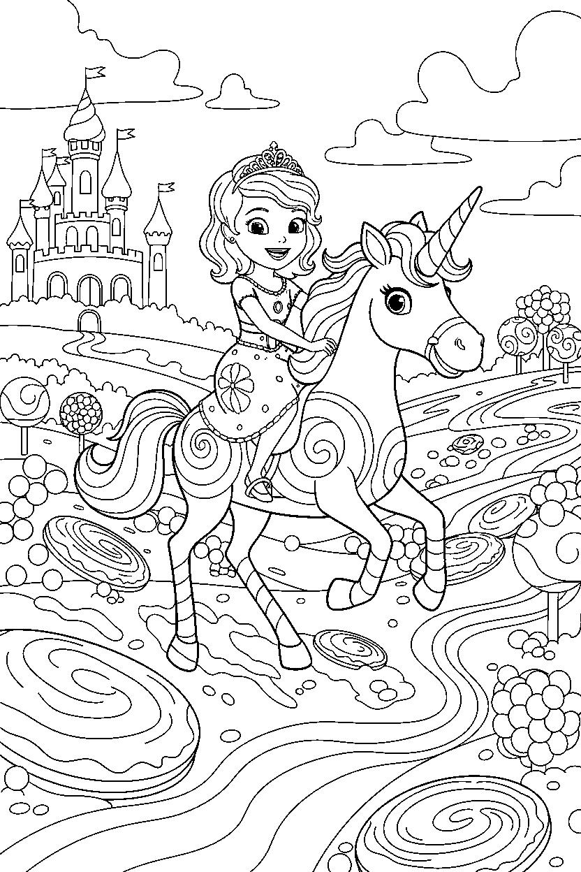 sofia princess riding happily in a candy kingdom line art