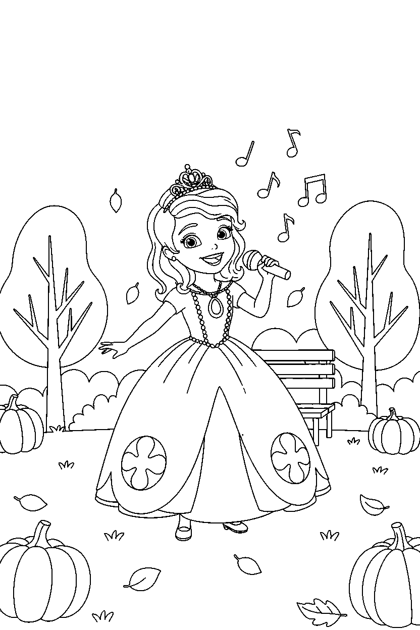 sofia princess singing happily in an autumn park line art