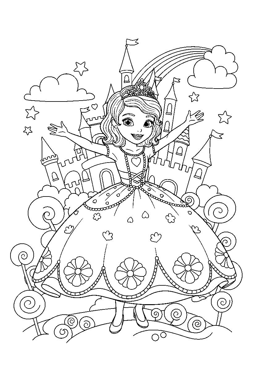 sofia princess spinning happily in a magic kingdom line art