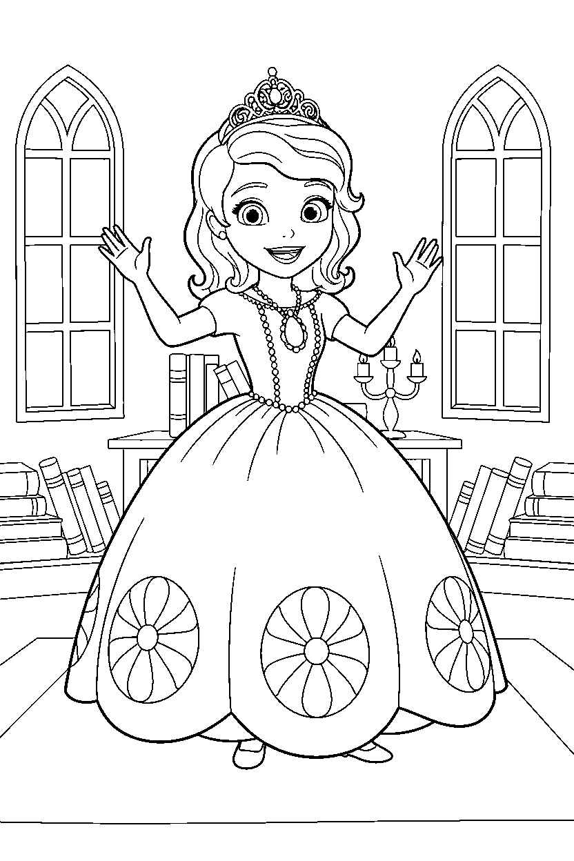 sofia princess waving happily in a royal library line art
