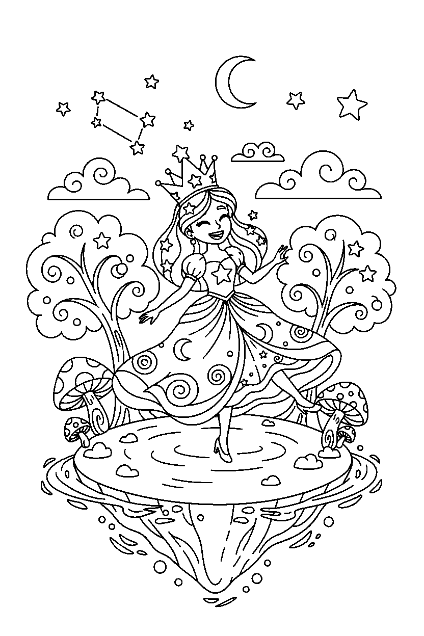 star princess dancing happily on a magical island line art