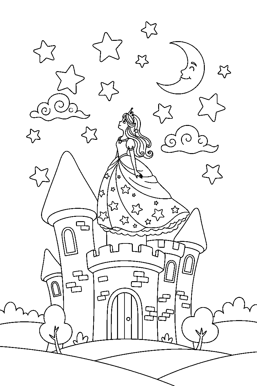 star princess looking at the sky in a fairy tale castle line art