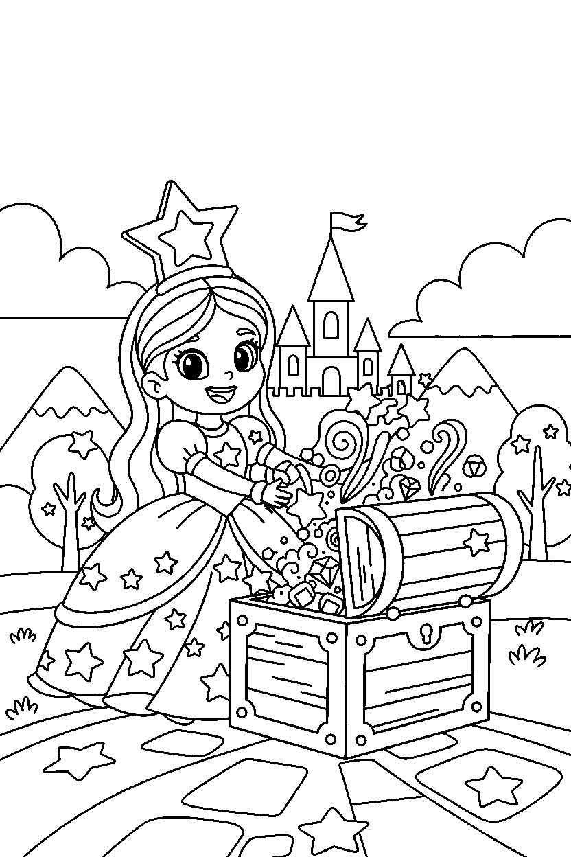 star princess opening a treasure chest in a fairy tale kingdom line art