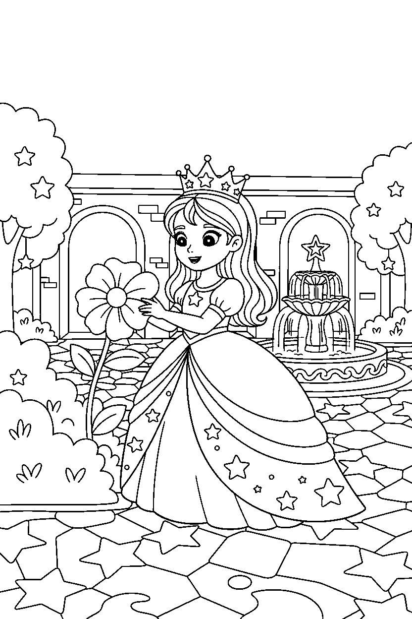 star princess picking a flower in a royal courtyard line art