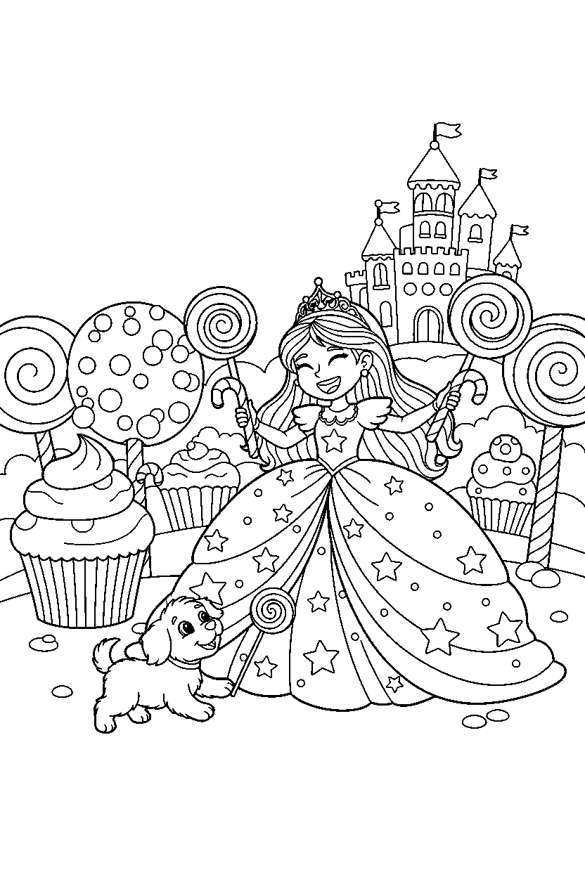 star princess playing with a puppy in a candy kingdom line art