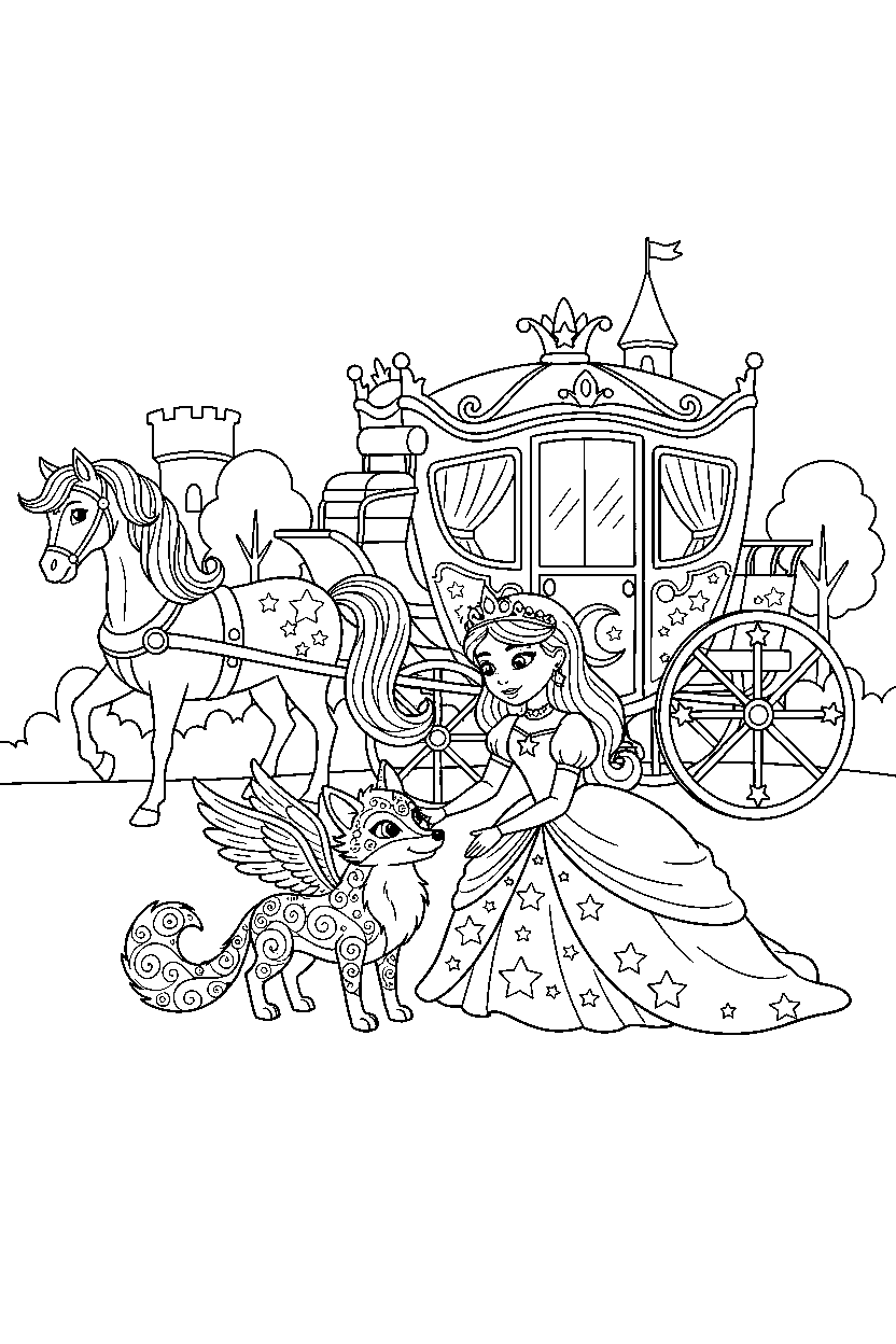 star princess playing with an animal near a royal carriage line art