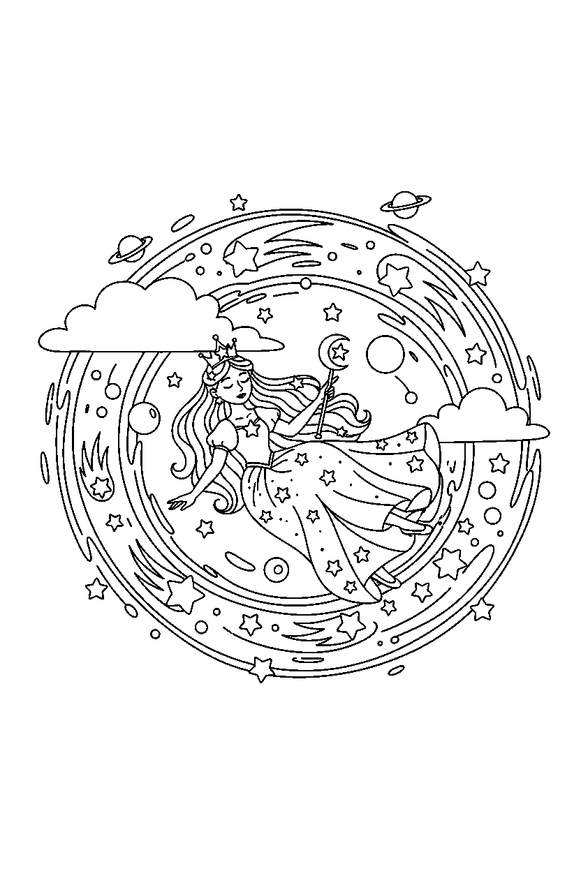 star princess relaxing peacefully in a magic portal world line art