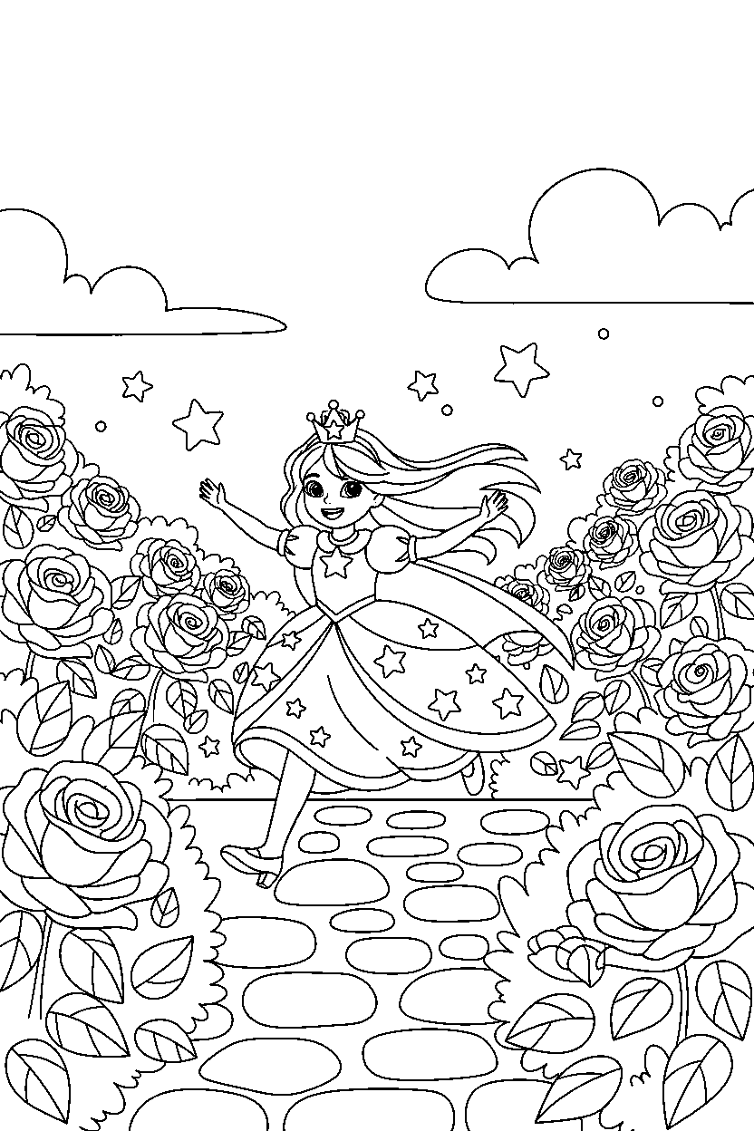 star princess running happily in a rose garden line art